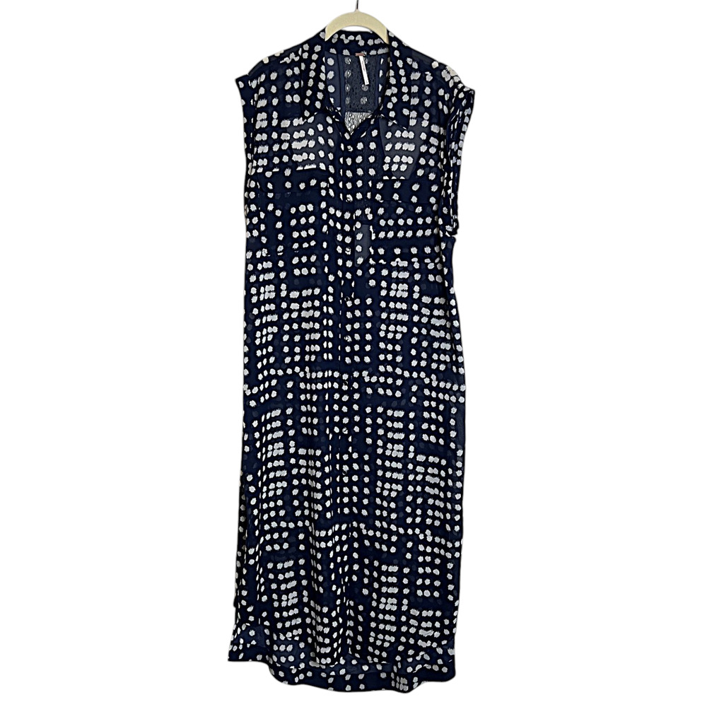 Free People Mercer Street Maxi Shirt Midnight Size L Snap Front Lace Back Navy